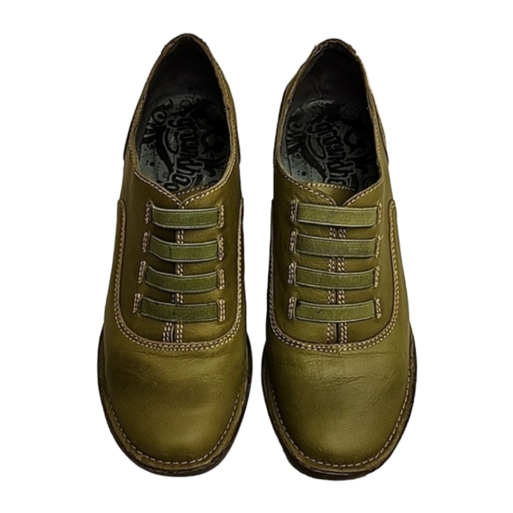 GROUNDHOG PORTUGAL Olive Leather Wedge Booties 7 37 Artsy Oxford Boots Slip On - Picture 13 of 16